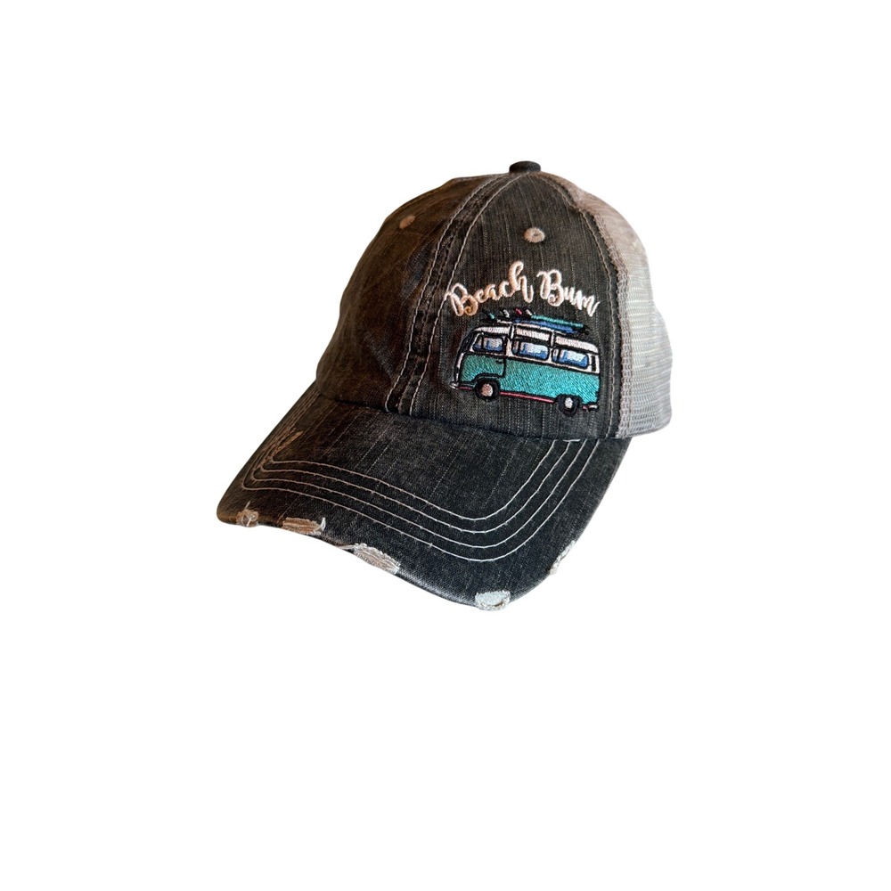 Katydid Trucker Hat Black Beach Bum Van Distressed Mesh Back Adjustable Cap
